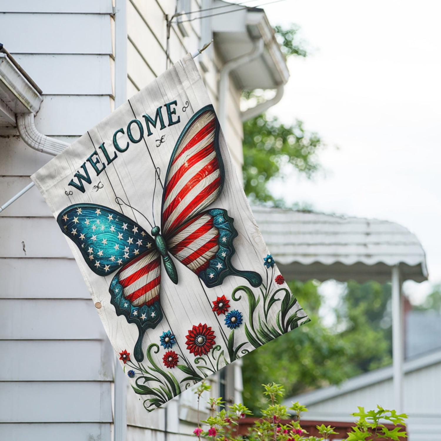 America Forever Patriotic Butterfly House Flag, 28x40 inch Double Sided, American 4th Of July Yard Flags for Outside Independence Day Fourth of July Decorations Outdoor Welcome Flag