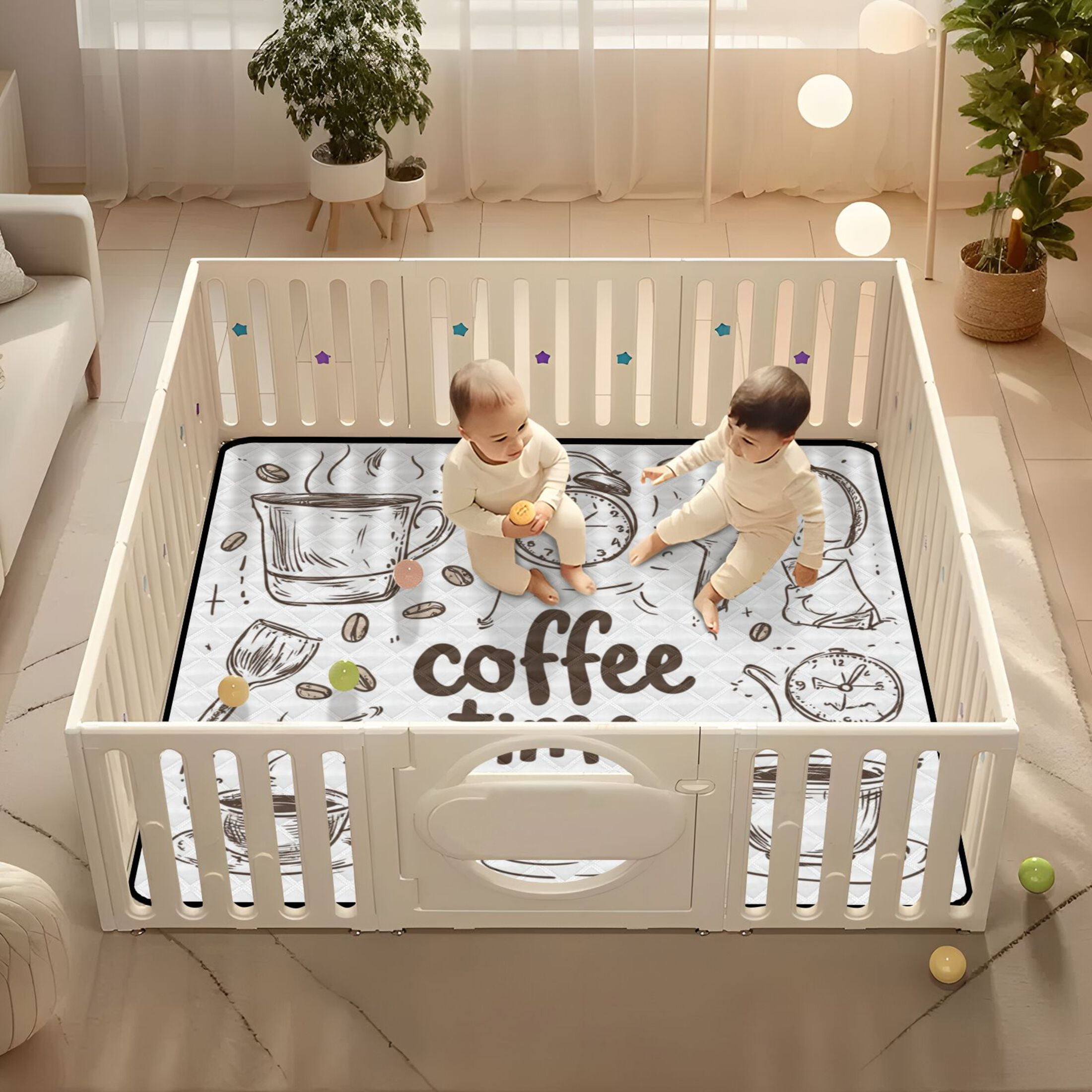 WOBOGO Coffee Time Now Baby Playmats Extra Large Waterproof Rollable Activity Pads for Toddlers 50×50inch