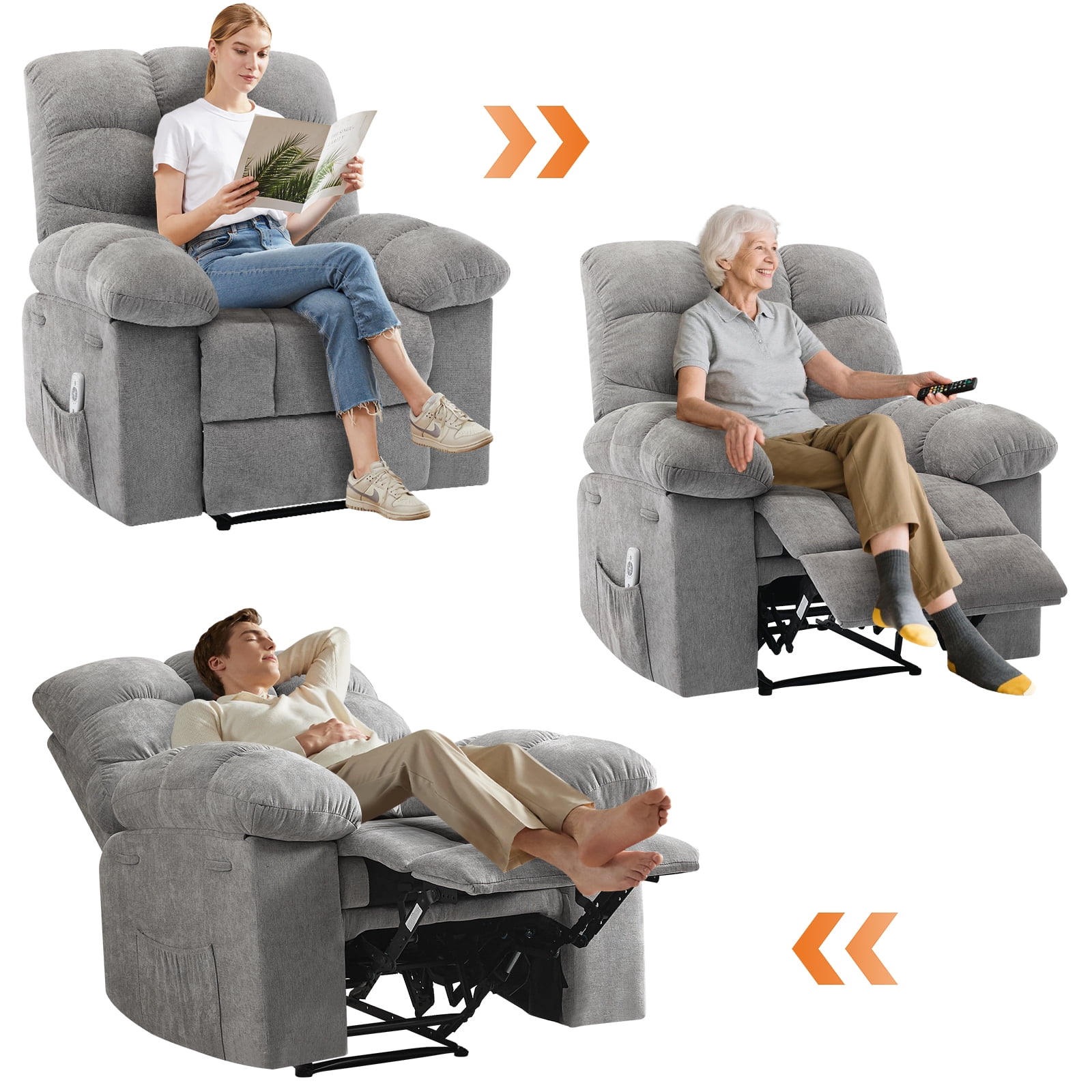 Nursery Rocking Chairs, Rocking Chair with Massage and Heat,Heat Ergonomic Overstuffed Breathable Fabric Reclining Chair with 2 Side Pockets, Remote Control, Living Room, Bedroom