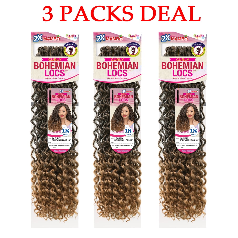 Janet Collection Mambo Synthetic Hair Crochet Braid 2x Bohemian Locs 18” (  3 Pack #99J Black Wine ) 