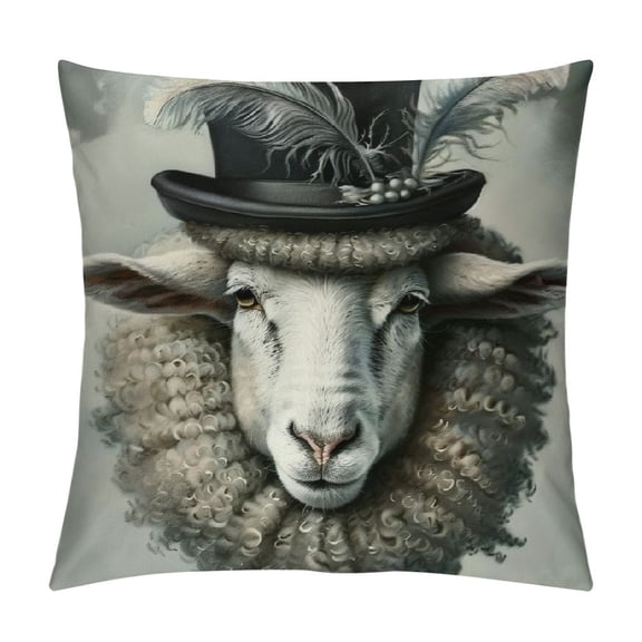 PRATYUS Sheep Throw Pillow Covers Farm Animals Ram Goat with Green Feather Black Hat Design Pillow Cases Cushion CoverHome Sofa Couch Decor Pillow Cover White