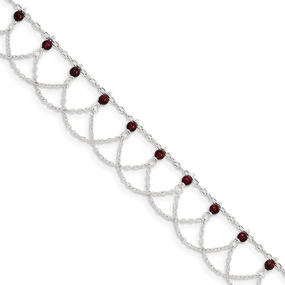 925 Sterling Silver 10 Inch Rhodolite Garnet Beaded Draped Anklet - Measures 1mm Wide