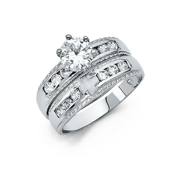 Wellingsale Ladies Solid 14k White Gold Polished CZ Cubic Zirconia Round Cut Engagement Ring and Cross Wedding Band Bridal Set - Size 4
