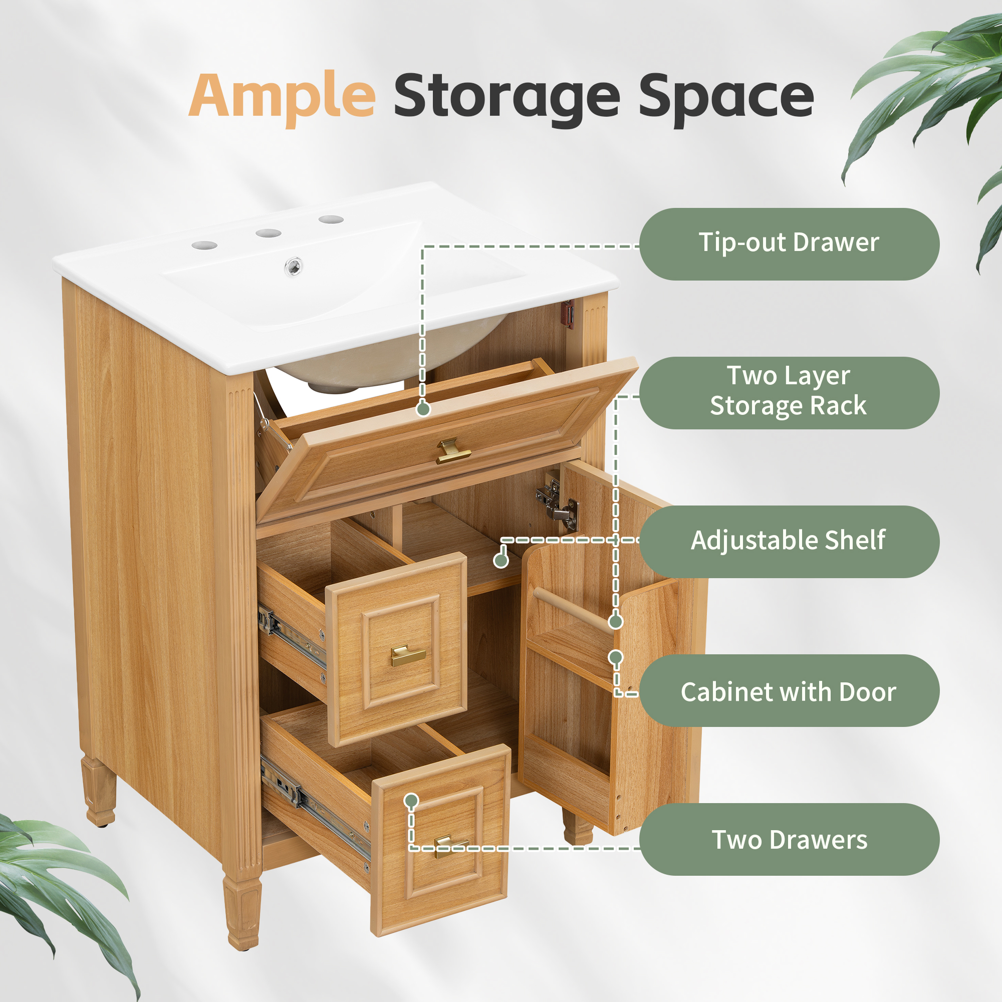 Aukfa 24" Bathroom Vanity with Sink,Modern Bathroom Sink Cabinet for Small Spaces,Ceramic Top & Flip Drawer,Oak