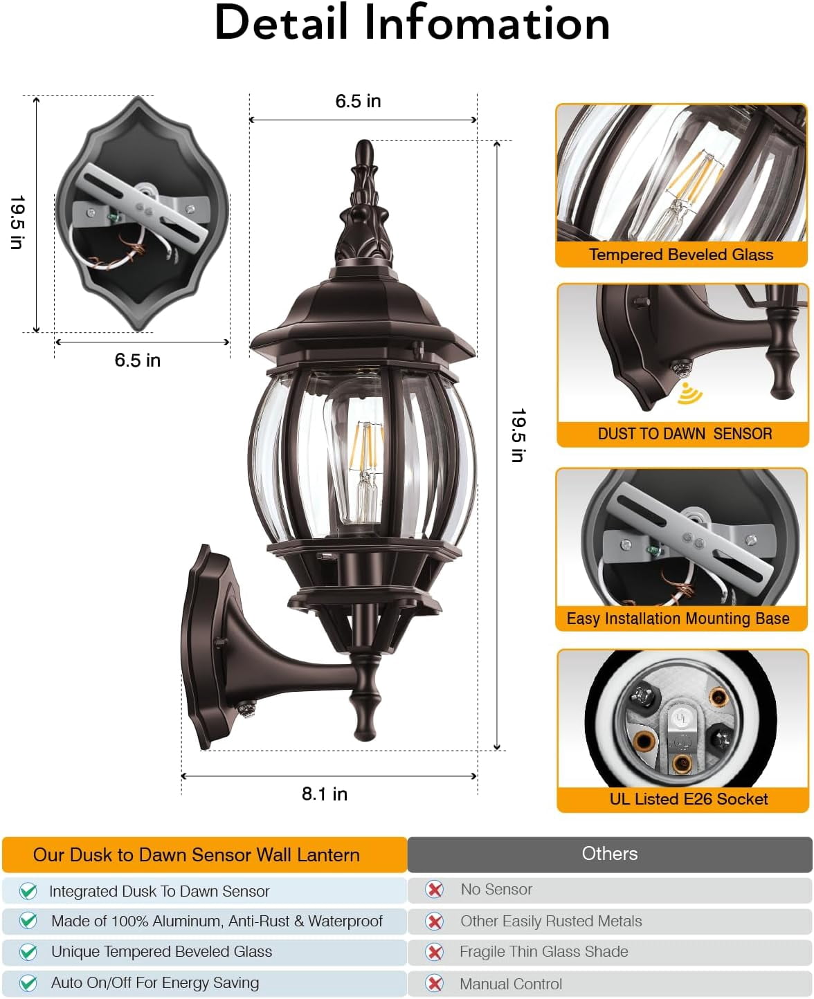 VIANIS Outdoor Wall Lantern, Dusk to Dawn Porch Lights, Outside Lighting Fixtures for House, Oil Rubbed Bronze Exterior Garage Light Fixtures Wall Mount, Anti Rust Outdoor Wall Sconce Lamp for Patio