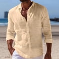 thumbnail image 2 of Cotton Linen Shirts for Men Long Sleeve Button Down Lapel Collar Tops Regular Fit Summer Daily Casual Shirts, #01 Khaki, S, 2 of 5