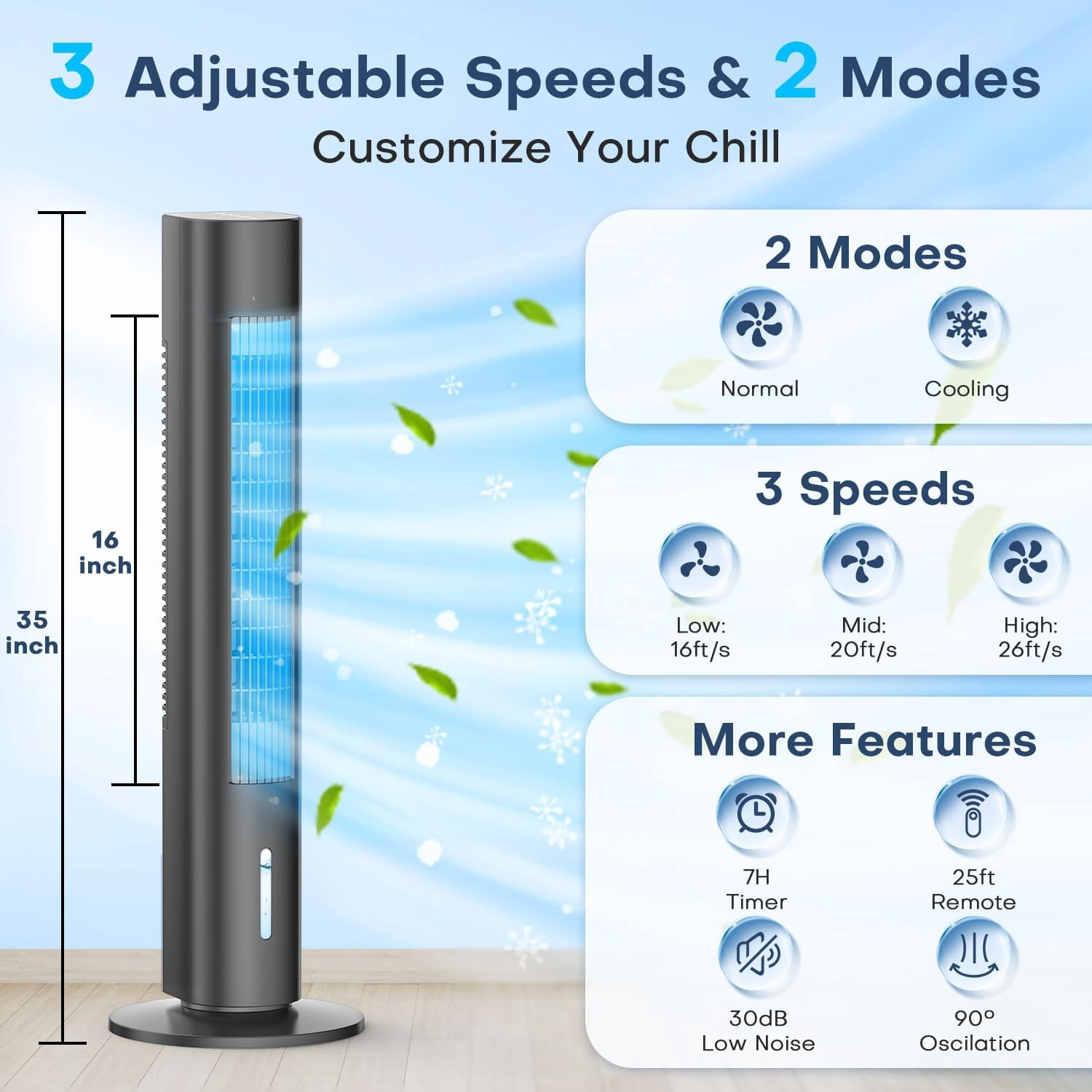 35" Evaporative Cooler, Swamp Cooler w/4 Ice Packs, 3 Speeds, 25ft Remote & 7H Timer, 90°Oscillating, Windowless Portable Air Conditioner for Bedroom Indoor, Black
