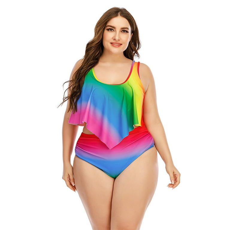 Women's 2 Piece Plus Size High Waisted Rainbow Swimsuit Bathing Suit with  Ruched Bikini Bottom