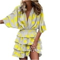 thumbnail image 2 of OKBOP Long Sleeve V-Neck Mid-Calf Dress Women Sexy Half Sleeve Printed V-Neck Hem Ruffle Irregular Dresses denim Little Black Dress Dress Yellow M(6), 2 of 6