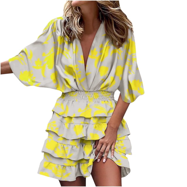 Vestidos irregulares con volantes y dobladillo con cuello en V estampados de media manga sexy para mujer Fridja yut6181