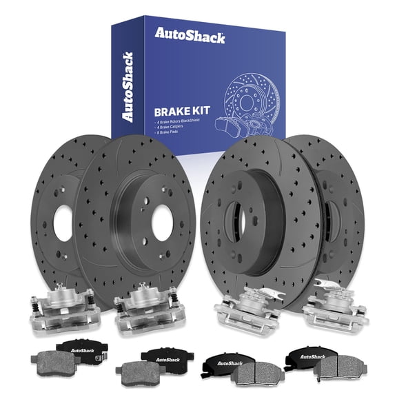 AutoShack Front Vented & Rear Solid Drilled & Slotted Coated Brake Rotors Black Matte Finish   Ceramic Pads   Calipers 16-PC Brake Kit Replacement for 2011-2014 Acura TSX BlackShield