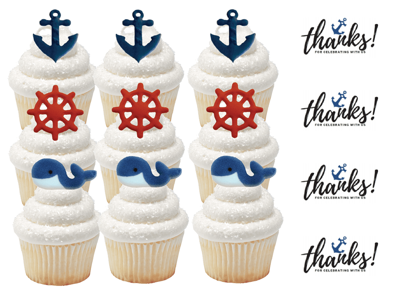 Sprinkle Deco® 12 Nautical Edible Sugar Anchor Wheel Whale Cake & Cupcake Decoration Toppers