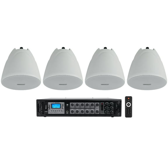 Rockville RCS180-6 Commercial 70v Amp (4) White 4" Pendant Speakers For Bar/Cafe