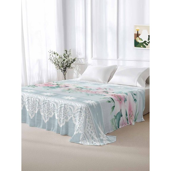 California King Size Flat Sheet Only,Country Pink Flowers Eucalyptus Leaves Soft Top Bed Sheets Breathable Bedding Sheet Blue Stripe Microfiber Hotel Luxury Top Sheets