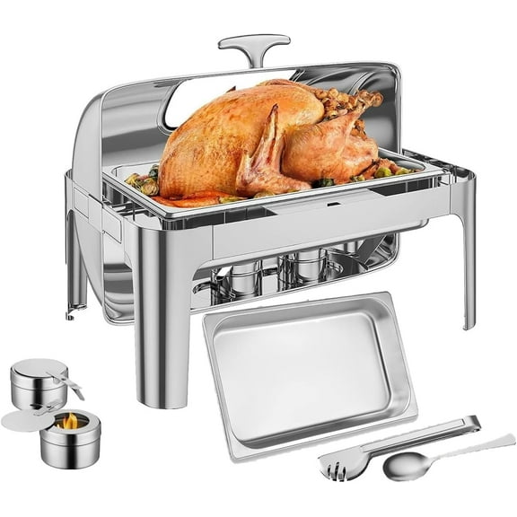 Garvee 9 QT Stainless Steel Chafing Dish with Full Pan, Roll Top with Glass. Silver