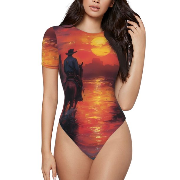 Balery Sunset River Western Cowboy Body de cuello redondo de manga corta para mujer Tops de manga corta Tops básicos-X-Large