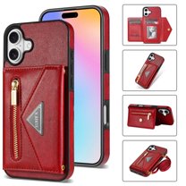 Feishell Fit for Apple iPhone 16 Case with Adjustable Shoulder Strap,Luxury Premium PU Leather Back Magnetic Buckle Flip Card Pocket Zipper Wallet Crossbody Phone Case,Red