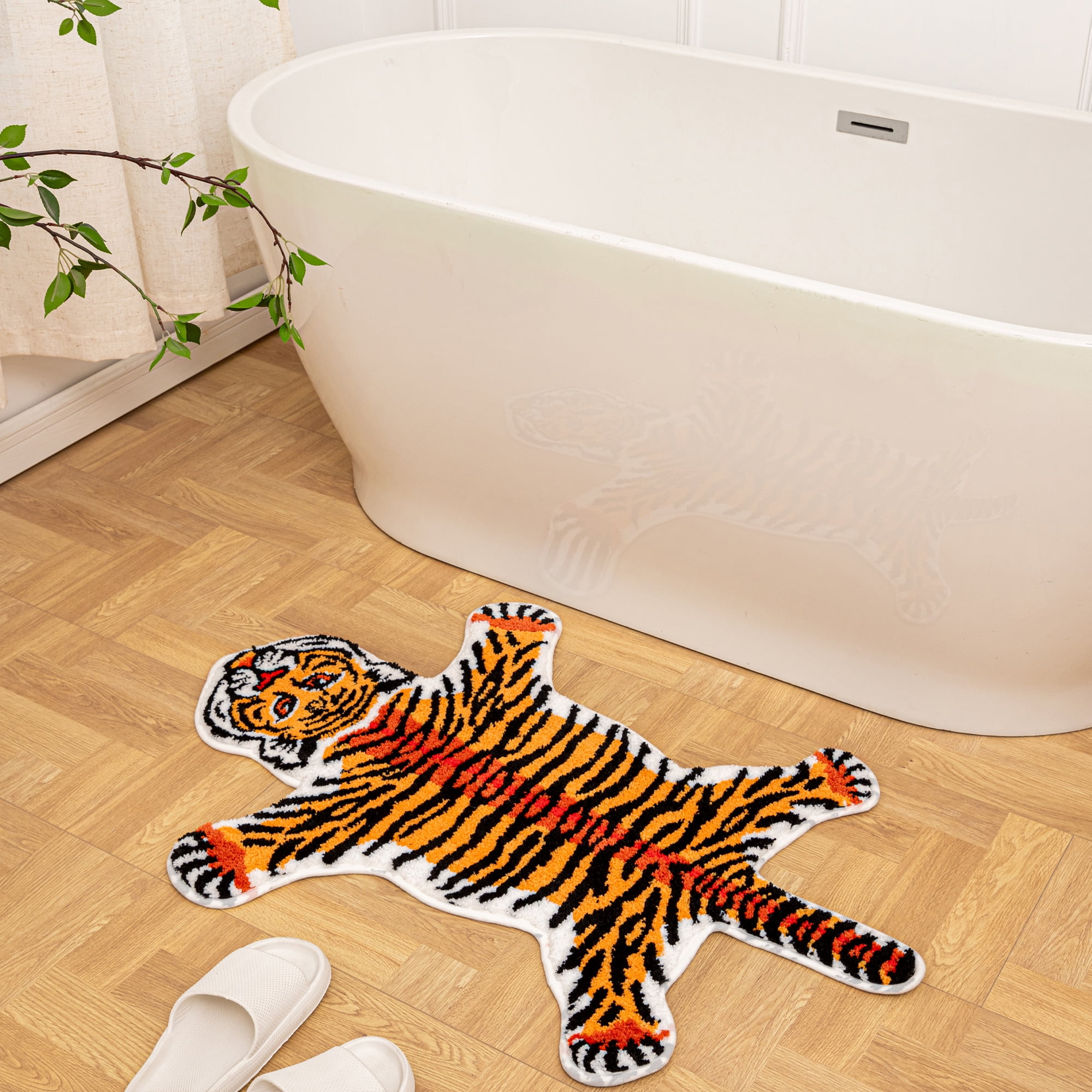 yingda1992 Orange Tiger Bath Mat for Bathroom Cute Tiger Print Funny Cartoon Non Slip Animal Shaped Absorbent Bathtub Mat Plush Shower Door Mat Decor 39.3x25.5 Inch