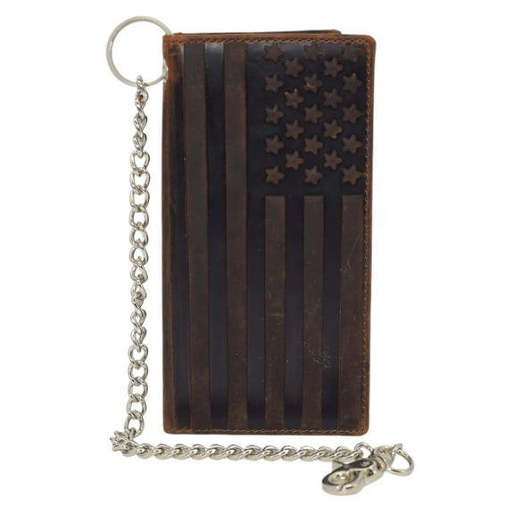 MARSHAL Vintage Leather American Flag Checkbook Cover with Chain  RFID Blocking Long USA Flag Checkbook Holder Brown