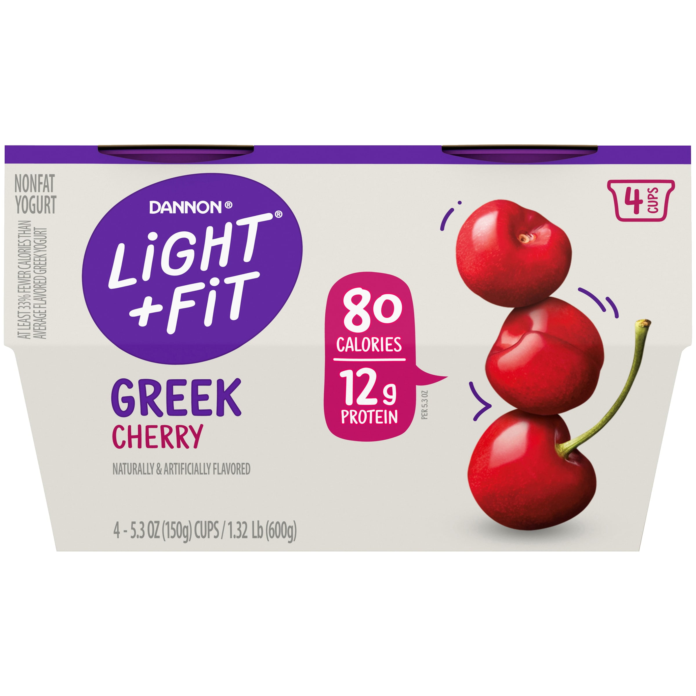 Light + Fit Nonfat Gluten-Free Cherry Greek Yogurt, 5.3 Oz. Cups, 4 Count