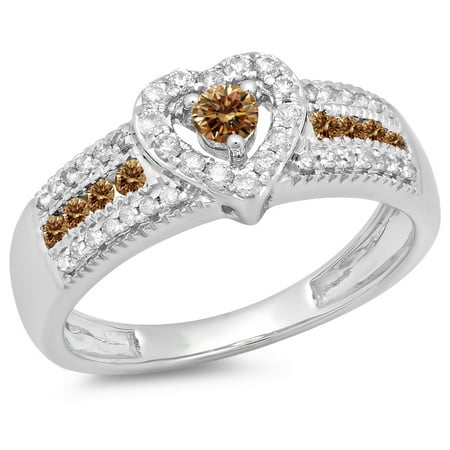 0.55 Carat (ctw) 14K White Gold Round Cut Champagne & White Diamond Ladies Bridal Heart Shaped Promise Engagement Ring 1