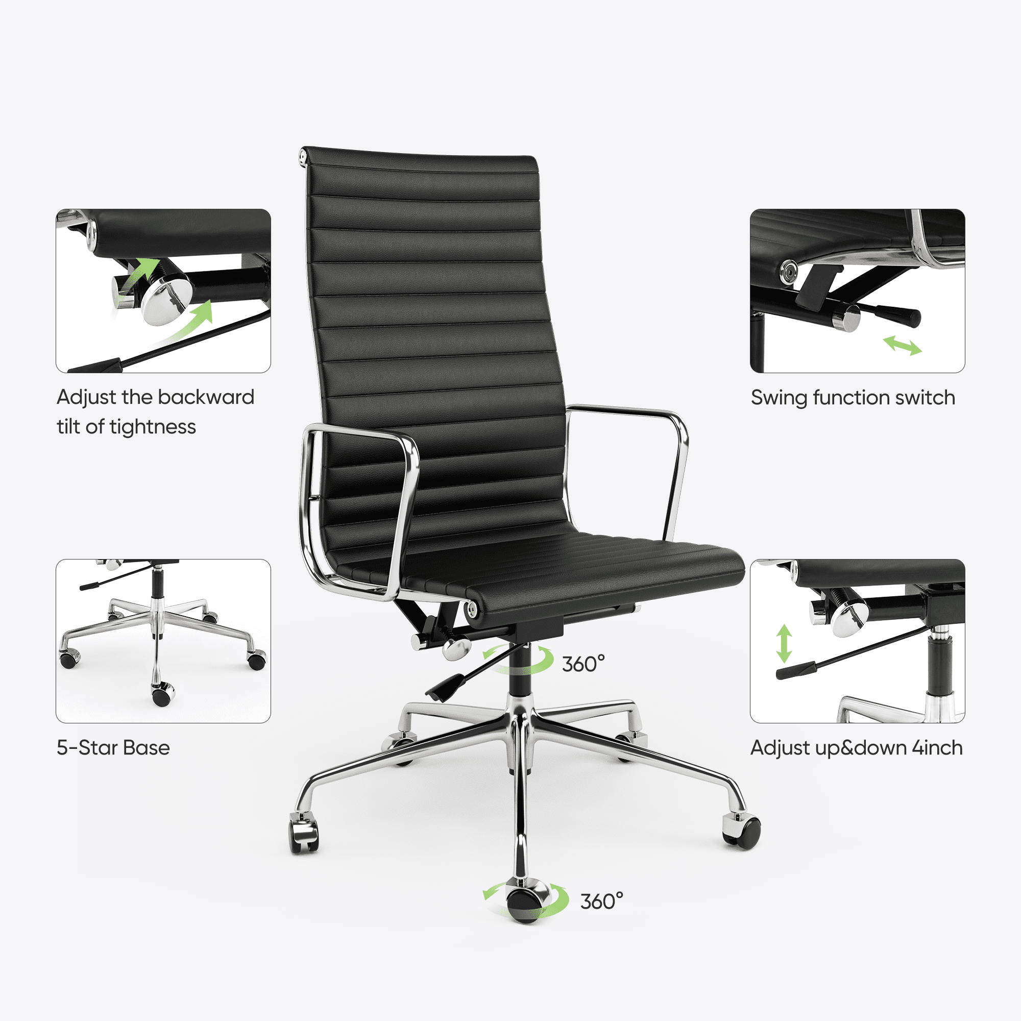 Ribbed Genuine Leather Office Chair, Hight Back, Adjustable Ergonomic Computer Chair Black 1PC