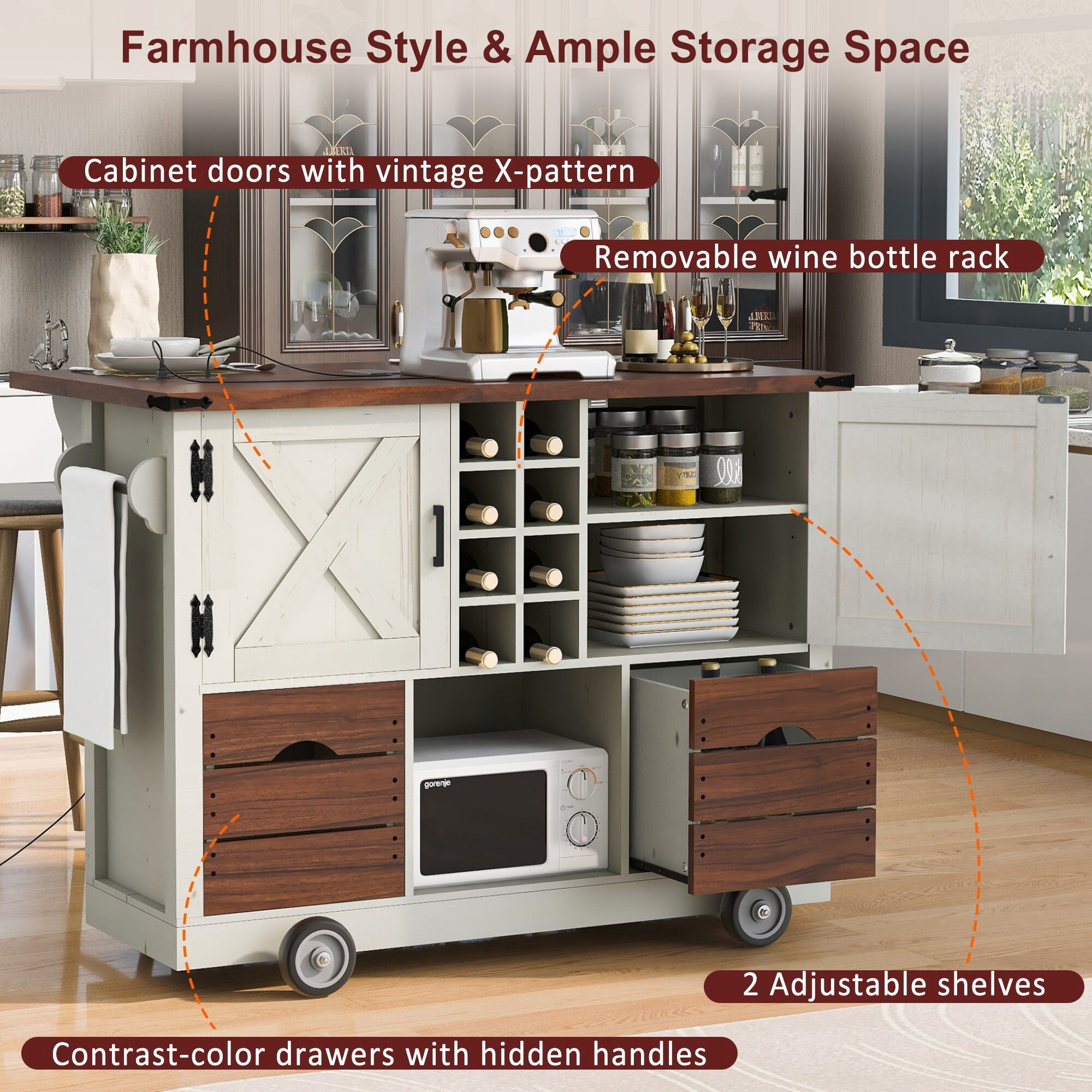 DEALTOPS Farmhouse Mobile Kitchen Island with Outlets | Foldable Tabletop, Drawers, Wine Rack | White with Rustic Brown
