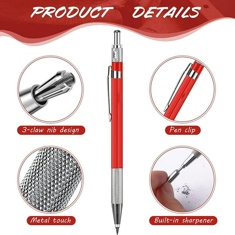 Hiboom Welders Pencil with 12 Pcs Silver Round Refills, Mechanical Pencils  Metal Marker with Built-in Sharpener for Pipe Fitter Welder Steel