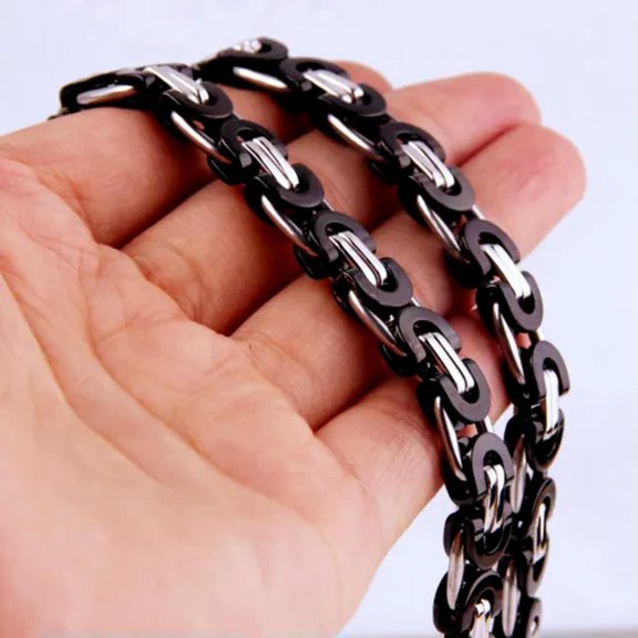 QQTDFG 6/8/10mm Cut Flat Byzantine Chain Stainless Steel Women Men Necklace or Bracelet-Silver Black-8mm-16inch or 40cm