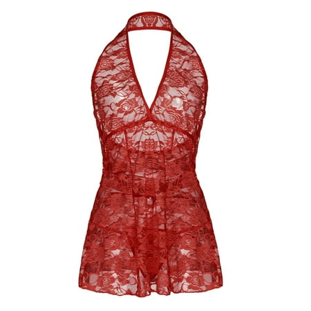 

adviicd Silk Nightgown Women Lingerie Deep V Neck Nightwear One Piece Nightgowns Mosaic Lace Mesh Dress Red M