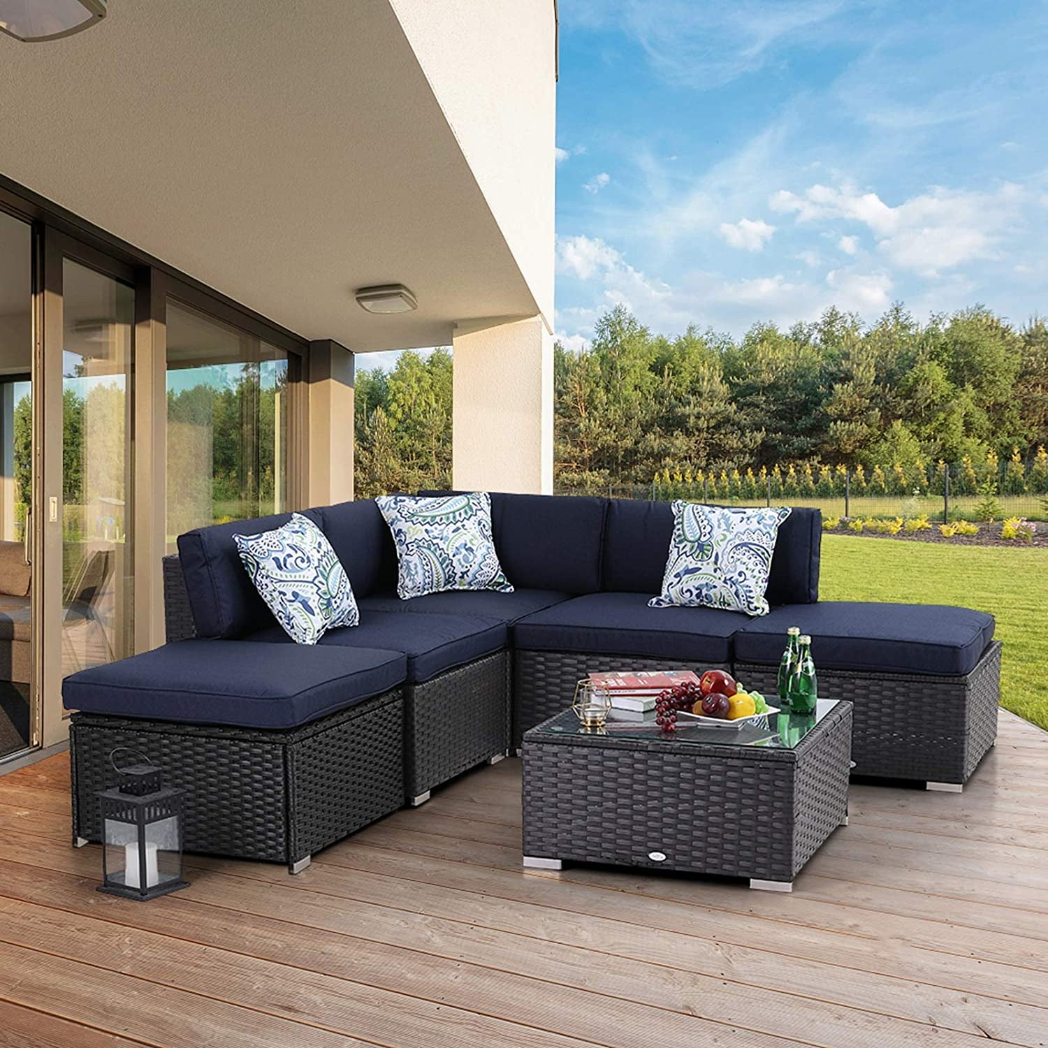 Sophia & William 6 PCS Outdoor Patio Rattan Sectional Sofa Set,Wicker Rattan Patio Furniture 