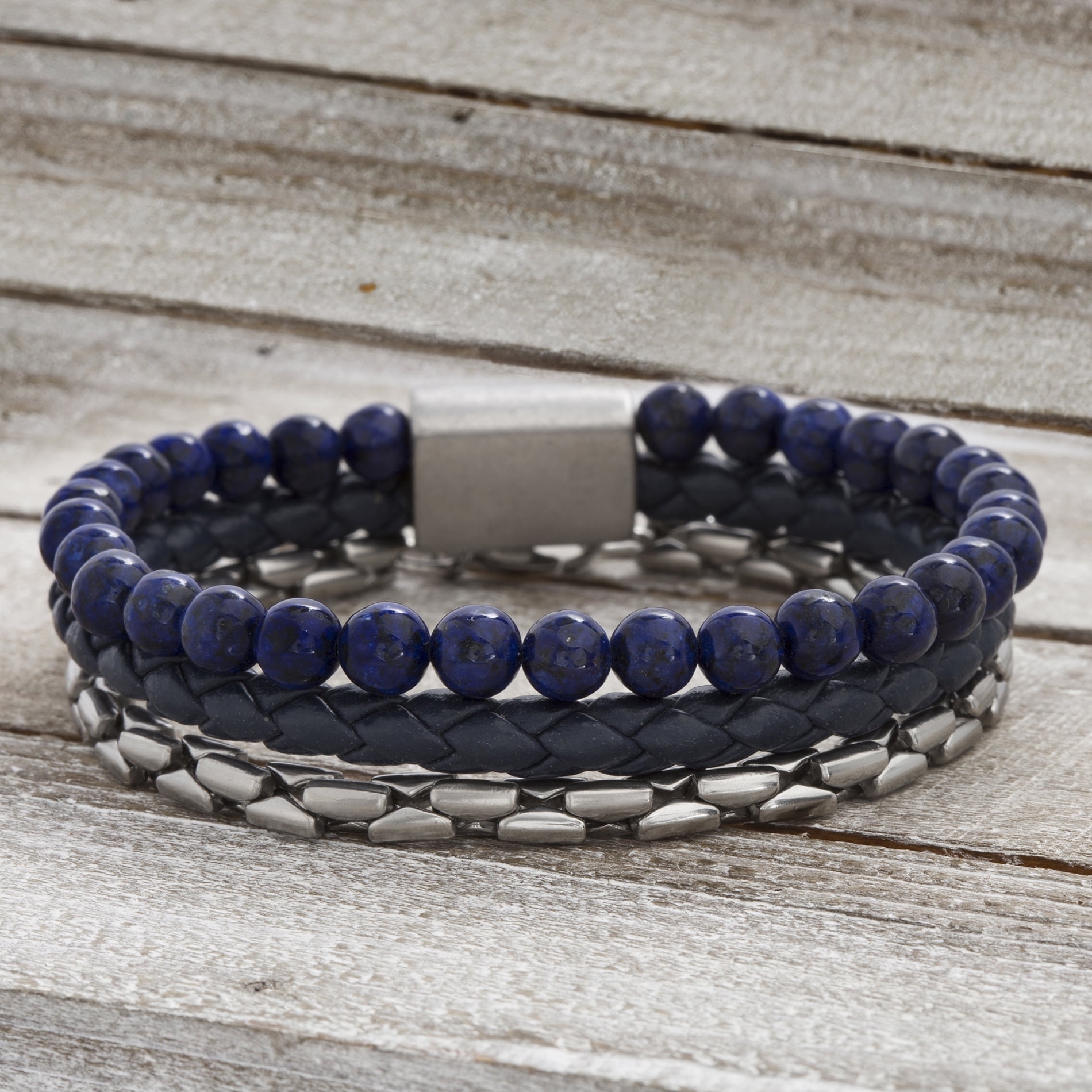Mens Simulated Lapis and Vegan Leather Duo Bracelet Set