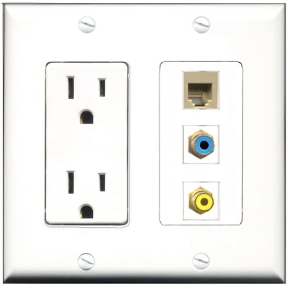 RiteAV - 15 Amp Power Outlet 1 Port RCA Yellow 1 Port RCA Blue 1 Port Phone Beige Decorative Wall Plate