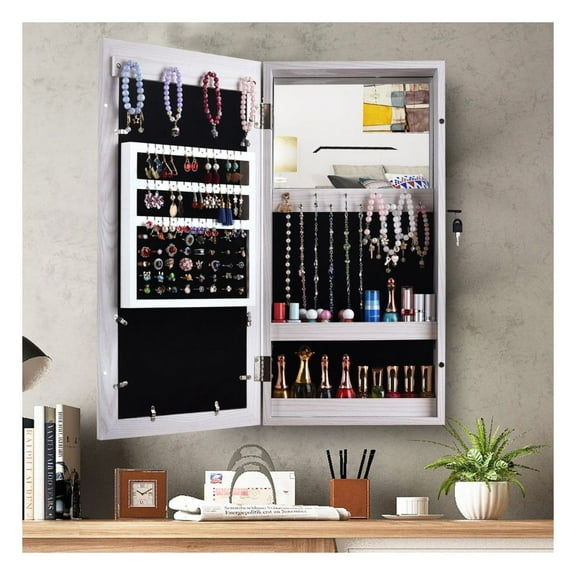 Free shipping Jewelry Organizer Wall/Door Mounted Lockable Jewelry Cabinet with Mirror Space Saving Jewelry Storage Cabinet,Beauty Organizer Dressing Makeup,White
