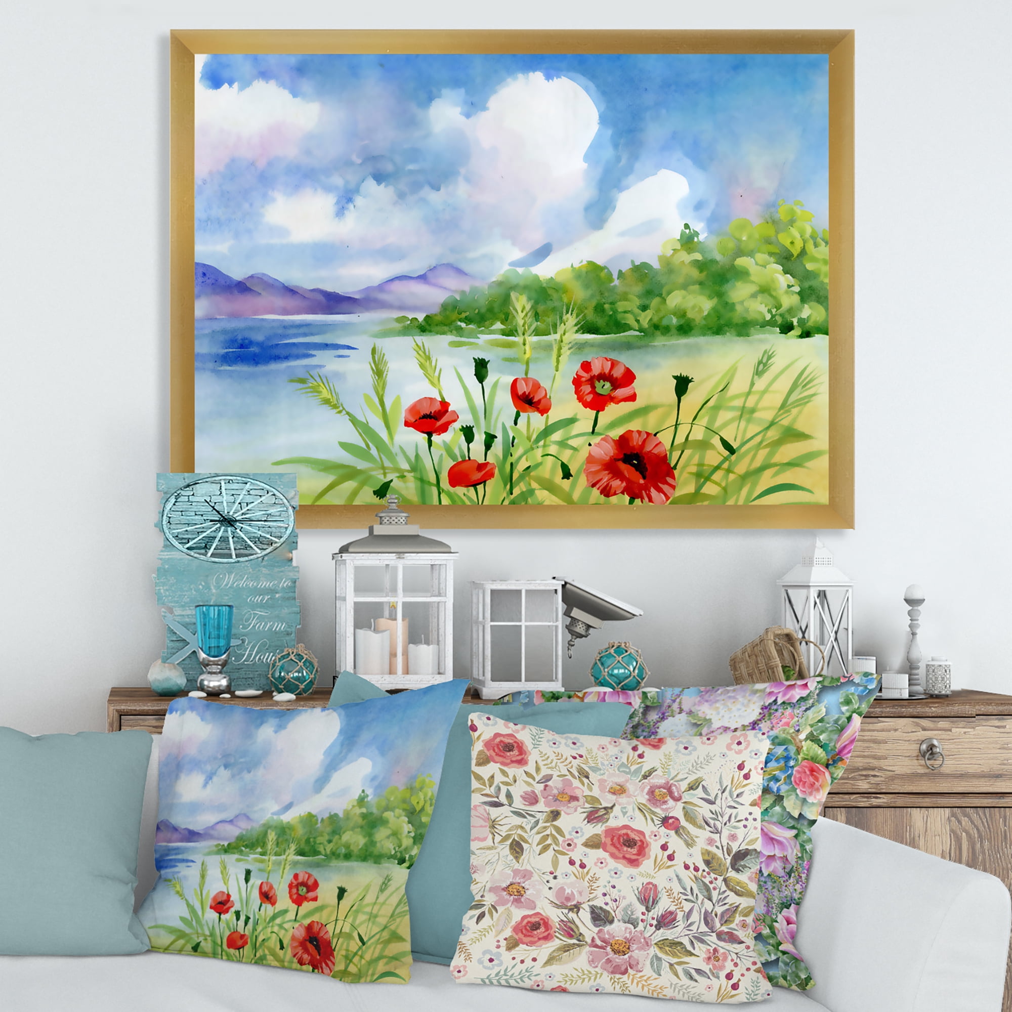 Designart 'Red Tulips On The Bank Near A River Mountain' Lake House Framed Art Print