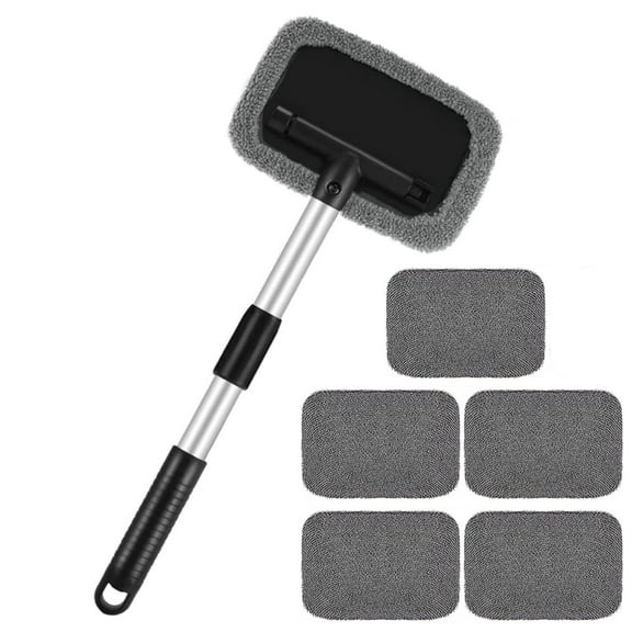 Windshield Cleaning Tool, Kvago Car Window Cleaning Tools with Extendable Handle and 6 Washable Microfibre Pads, Cleaning Supplies for Vehicles Interior Exterior Windows (Gray)