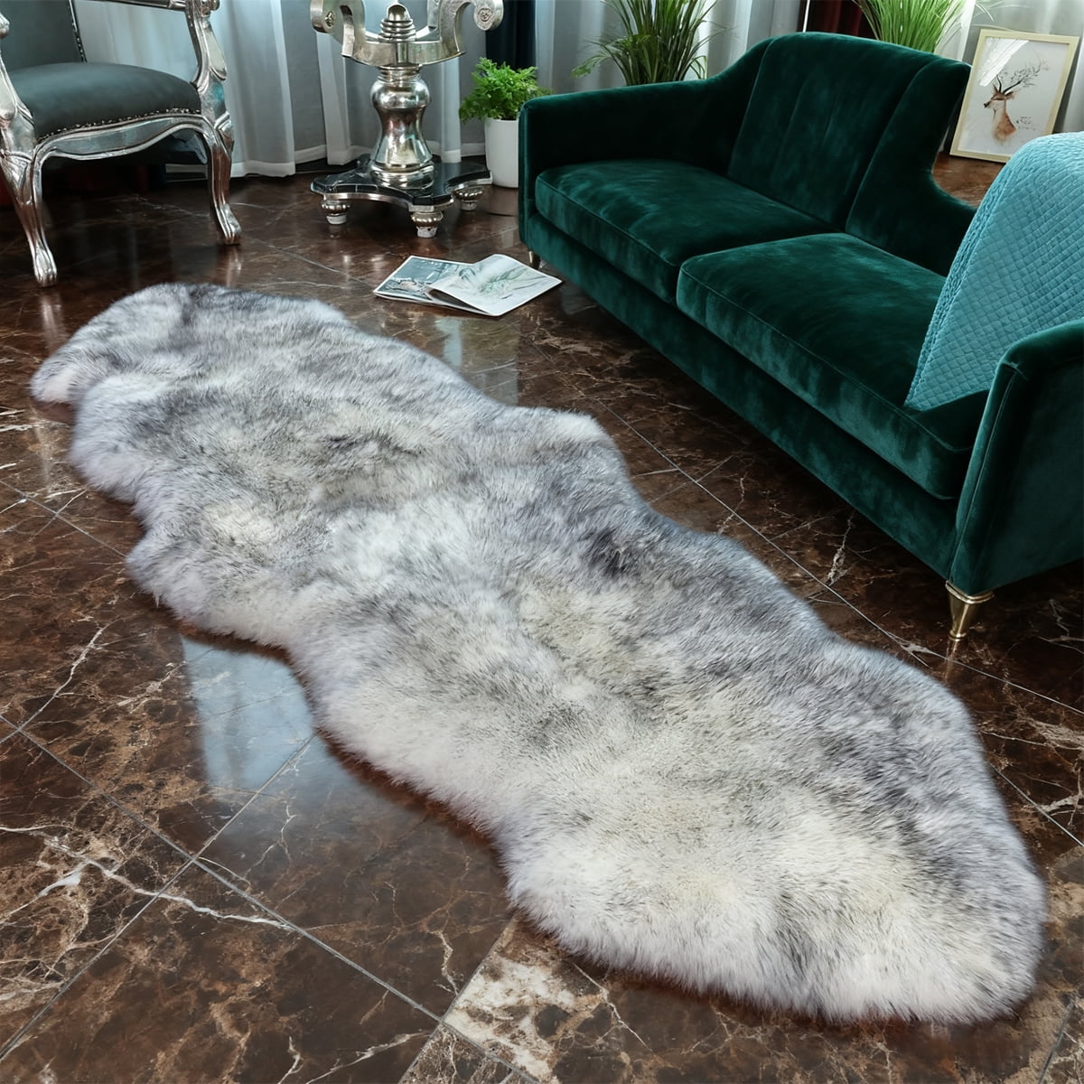 Faux sheepskin area rug 2'x6', white-gray machine-washable fluffy rug，Suitable for bedroom, living room, and children's room bedside rug