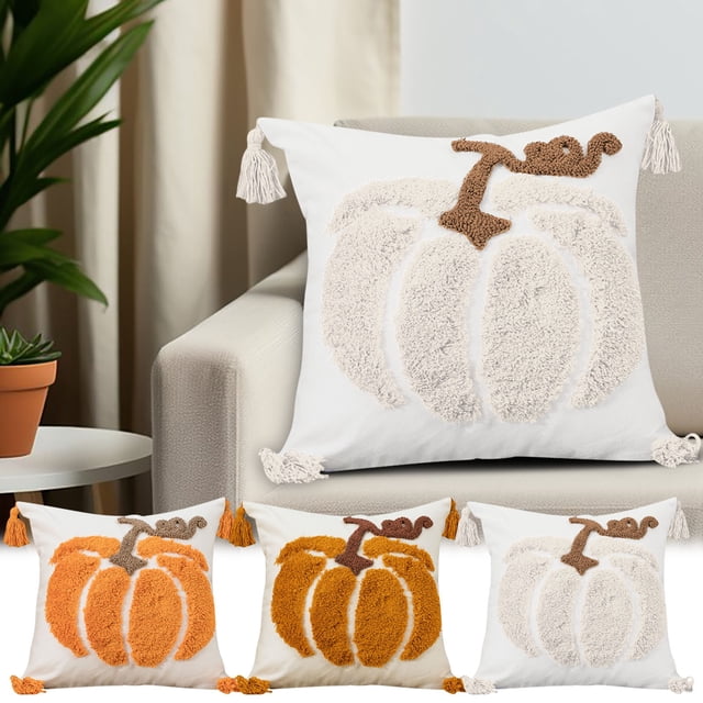 Funda de cojín de calabaza bordada | Funda de almohada de lona para sofá, decoración del salón | Acento otoñal | Material blando y duradero | 18x18 pulgadas | Easy Care | Regalo festivo