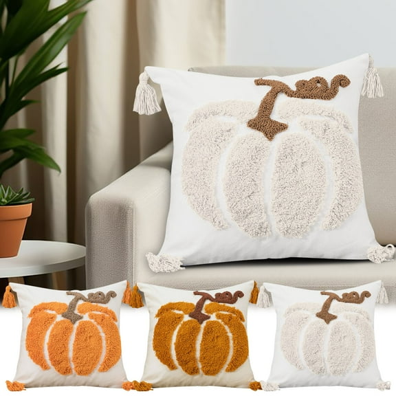 Embroidered Pumpkin Cushion Cover | Canvas Throw Pillow Case | Soft Decorative Accent for Living Room Sofa | Autumn Fall Home Decor | Easy Care | 18x18 Inch | 1 Pack