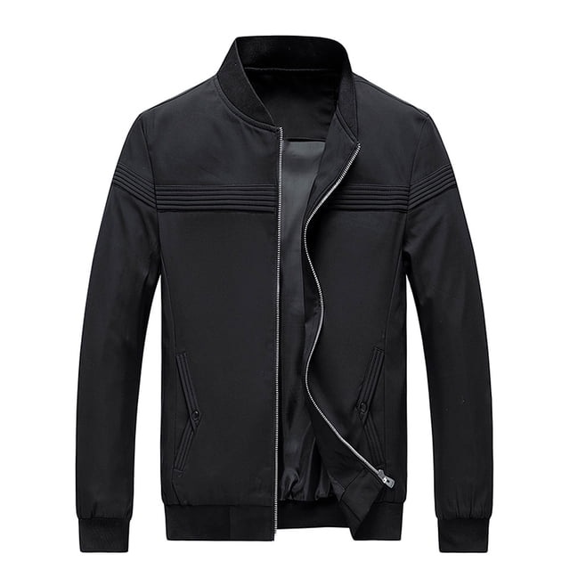 chaqueta de béisbol informal de manga larga sin capucha con cremallera y bolsillo para hombre pompotops oipoqjl37433 Chaqueta negra de corte delgado con cierre frontal de cremallera parcialmente abierto, cuello alzado volteable, puños y dobladillo elásticos, bolsillos frontales con cremallera y costuras horizontales en el pecho; tejido liso de aspecto mate, vista frontal centrada sobre fondo neutro, adecuada para uso casual y como prenda ligera para actividades al aire libre.