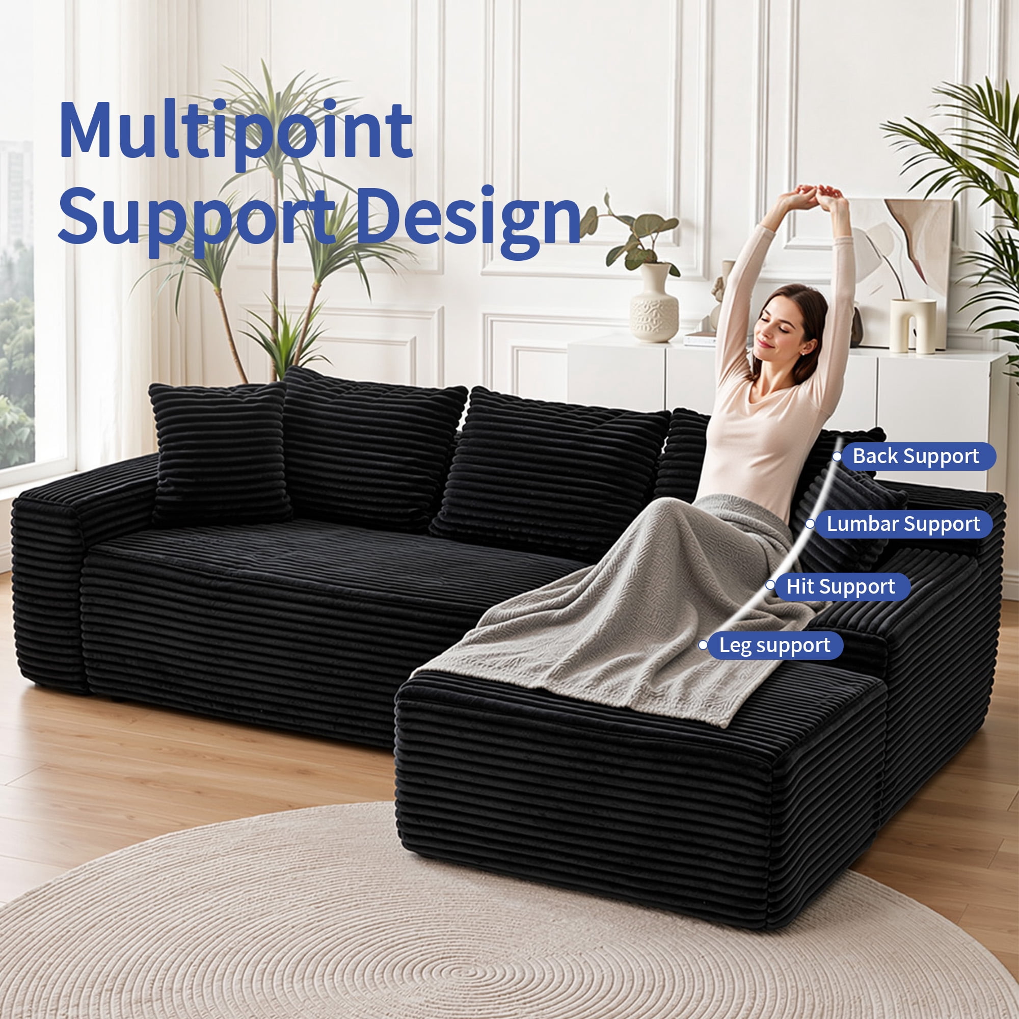 Leumius 95" Boneless Modular Sectional Sofa with Chaise,L-Shaped Comfy Corduroy Couch with Deep Seat,Upholstered Sectional Couch for Living Room, No Assembly,Black