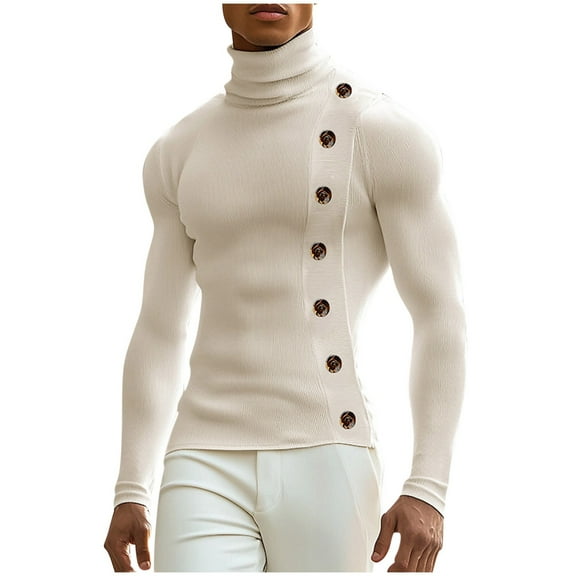 UAMVSH Men's Button Slim Fit Turtleneck Sweater Tops Casual Knitted Thermal Layering Shirts Fashion Long Sleeve Skinny Pullover(X-Large,White)
