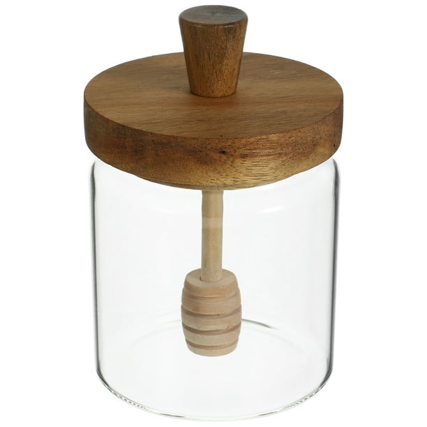 ColoMX Tarro de miel de vidrio con tapa de madera, recipiente para miel, dispensador de miel