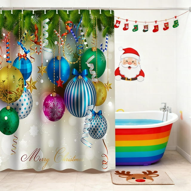 EGNMCR Christmas Decorations, Christmas Shower Curtain With Hooks Christmas Ball And Chrismas Tree Polyester Waterproof Shower Curtain Christmas Bathroom Decor Polyester Shower Curtain