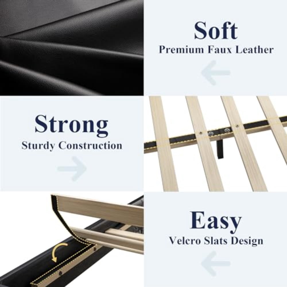 King Size Bed Frame with Adjustable Headboard, Faux Leather Platform Bed with Wood Slats, Heavy Duty Mattr Foundation, No Box Spring Needed, Noise-Free, Ey sembly, Bla