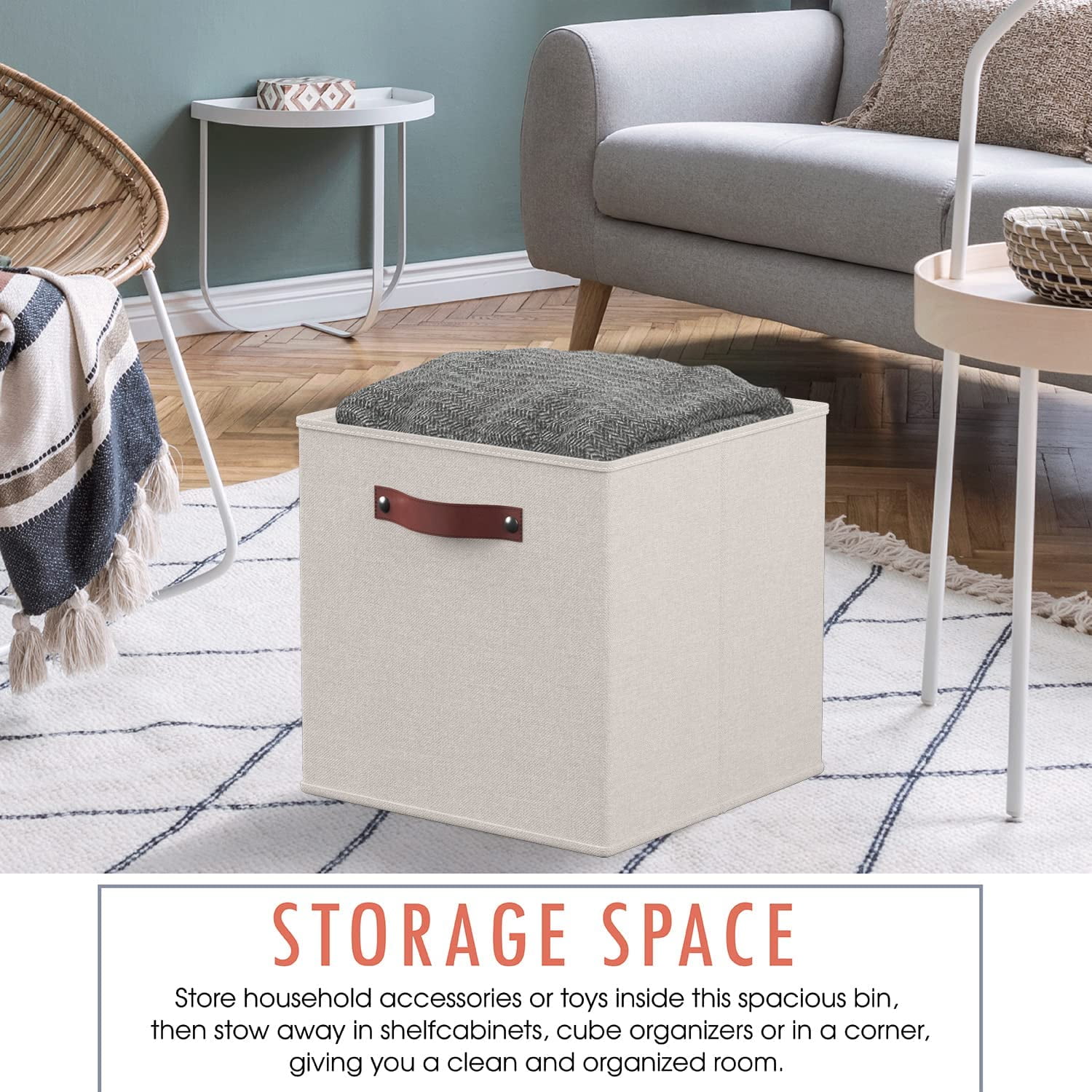 Ornavo Home Foldable Collapsible Storage Box Bins Linen Fabric Shelf Basket Cube Organizer with Leather Handles - Set of 6 - 11 x 11 x 11 - Beige