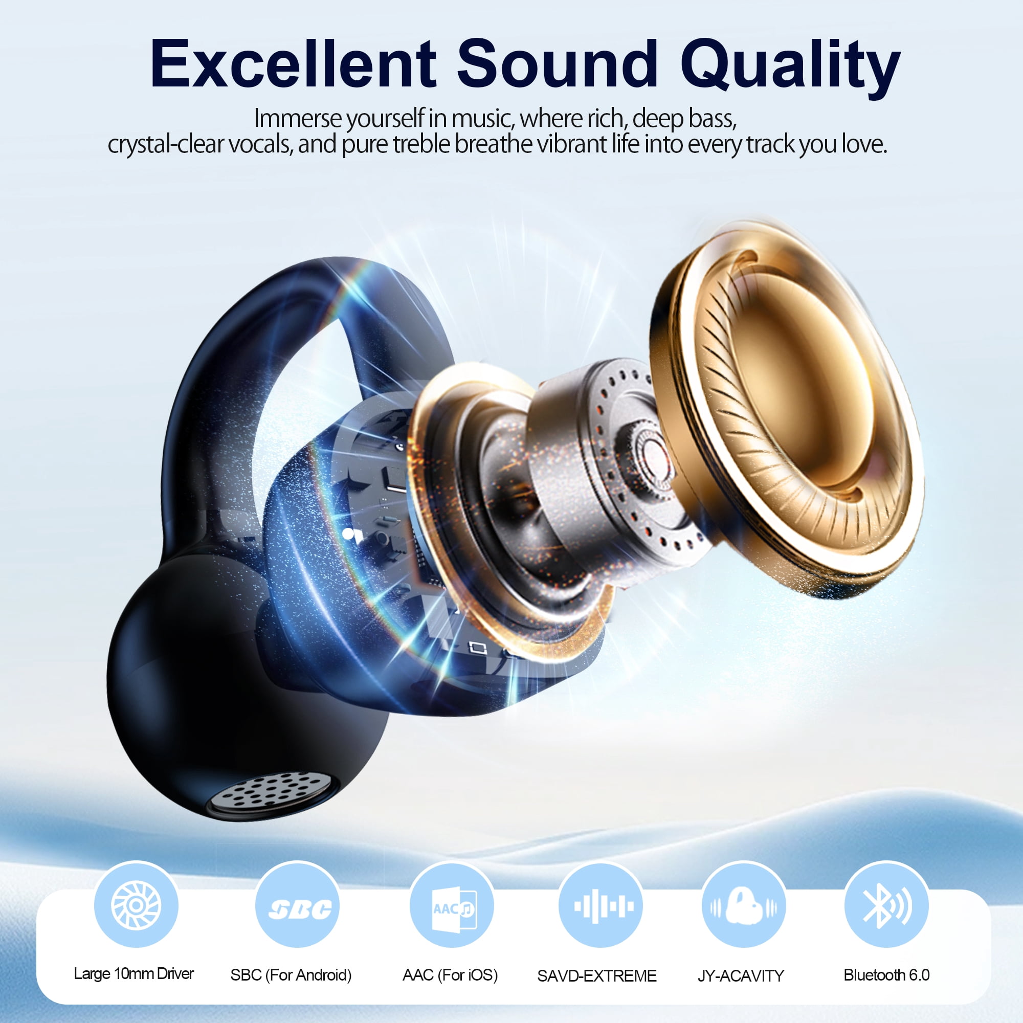 Open-Ear Headphones, Wireless Clip On Earbuds with Touch Screen Charging Case 60H Playtime, Bluetooth 6.0, IPX7 Waterproof, Lightweight Comfort, Stable Fit, Open-Ear Safety Design for Workout/Running