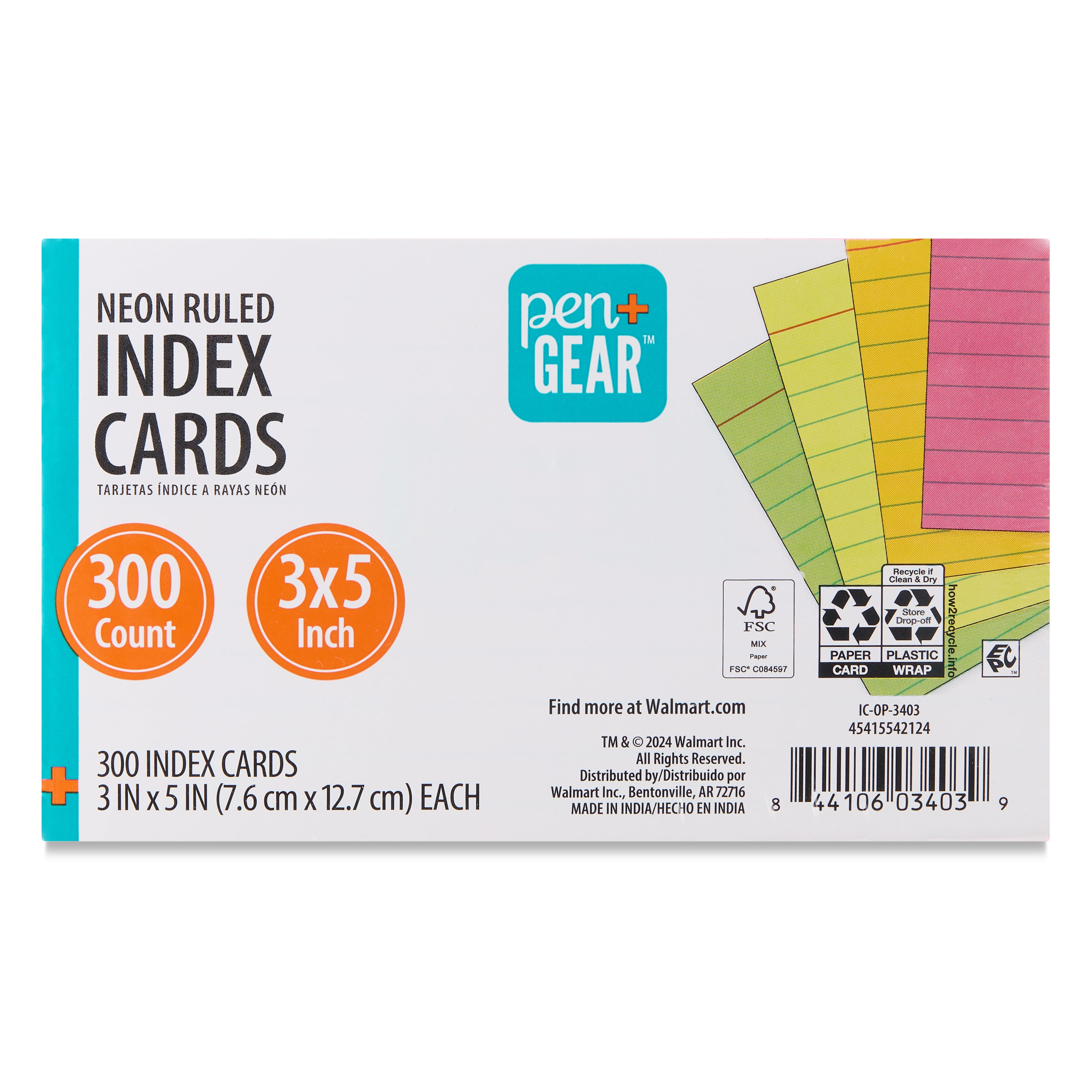 (3 pack) Pen+Gear Ruled Index Cards, Neon Assorted Colors, 300 Count, 3" x 5"