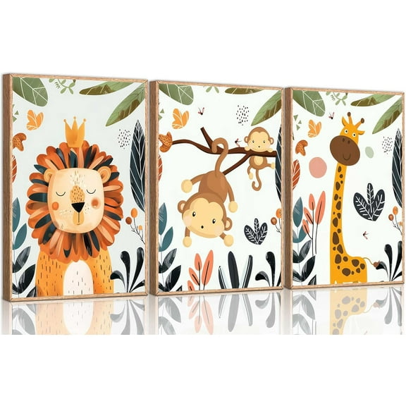 3 Pcs Safari Nursery Canvas Wall Art Tropical Jungle Animals Lion Monkey Giraffe Paintings Pictures Wall Decor Posters Print Artwork for Kid Room Boy's Girl's Room Baby Room Unframed