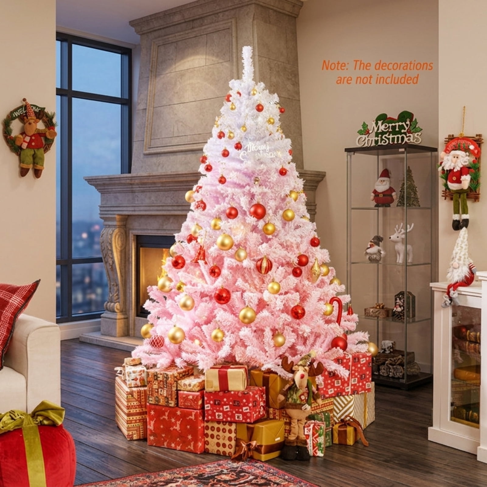 RUIE 6FT White & Pink Gradient Artificial Christmas Tree, 820 Snow Flocked Branch Tips Hinged Xmas Tree with Folding Metal Stand for Bedroom Holiday